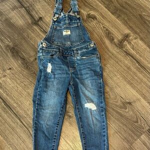 Girls' Denim Capri Length Overalls - Blue Distressed Jeans Size 5